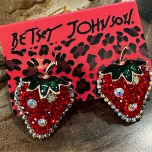 🍓Betsey Johnson Red & AB Crystal Strawberry Post Earrings Gold Tone  Stems NEW